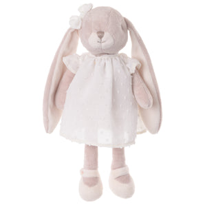 Bukowski Bears Lena premium quality stuffed animal bunny rabbit toy wearing white dress and shoes with a bow atop her head.